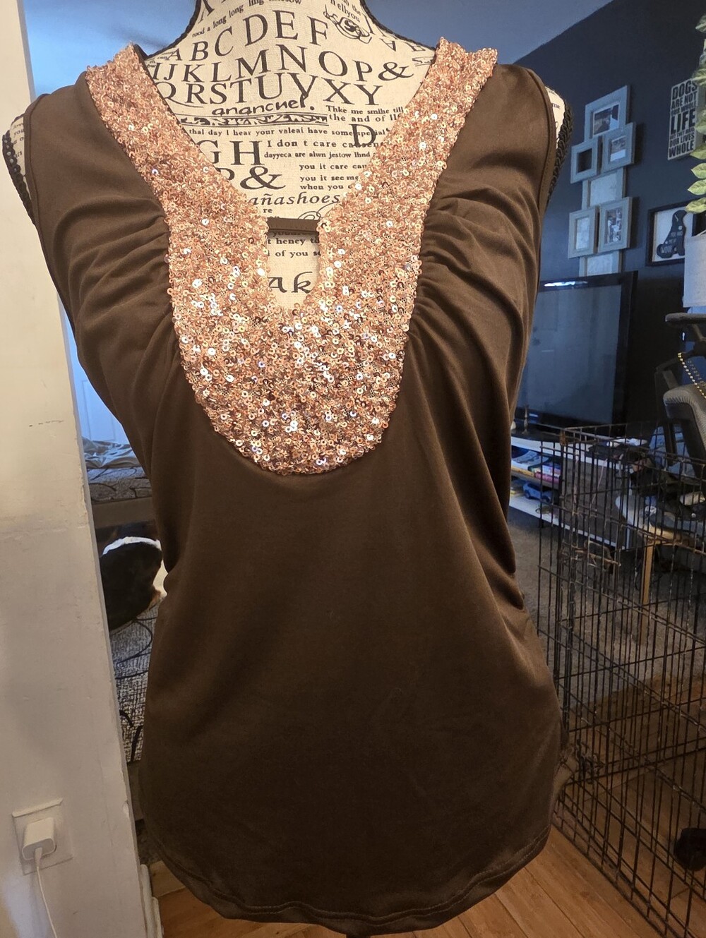 Women’s Brown Tank Top with Rose Gold Sequin Scoop Neck